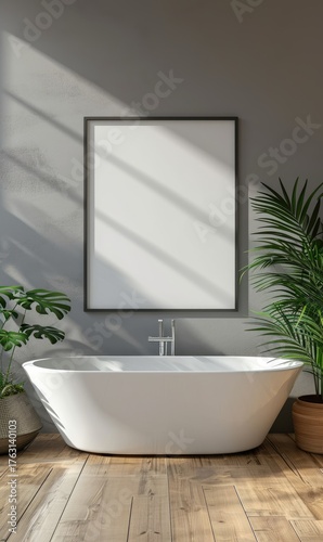 Modern bathroom with freestanding bathtub, potted plants, and a large framed artwork above it, all set against a gray textured wall.
