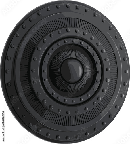 Medieval shield, circular design, technical flat sketch, vector illustration, cad drawing, black and white, riveted boss, fantasy armor template