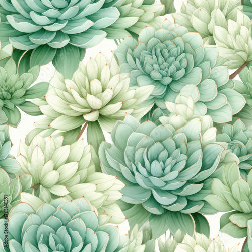 Lush botanical pattern of green and pale succulents with intricate details set against a soft light background