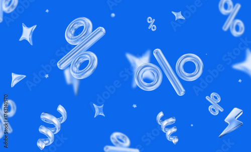 3d flying neon percent signs with stars on blue isolated background. Stock vector illustration.