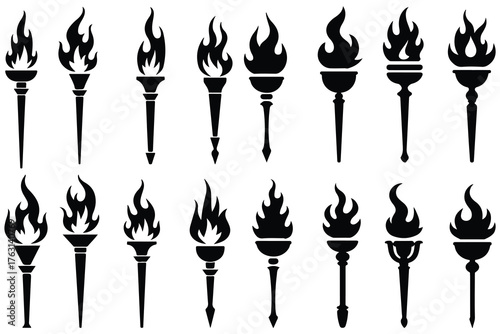 Collection of black torch icons with flames fire symbol