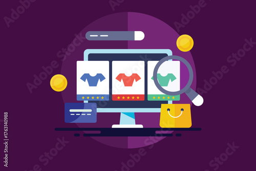 Featured clothing products appears under magnifier view, ecommerce interface connected with search, cart and payment tool.