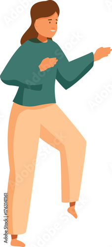 Woman performing a slow, graceful tai chi movement, promoting mindfulness and physical well being