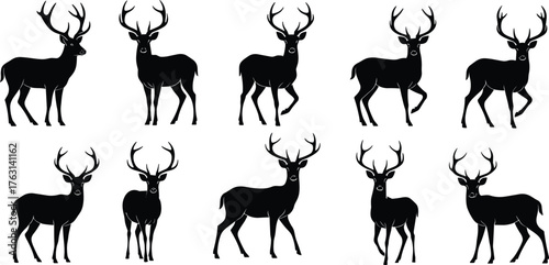 Deer silhouettes with antlers collection, wildlife illustration set, black and white art, animal posture variations, forest nature design artworkDeer silhouettes with antlers collection, 