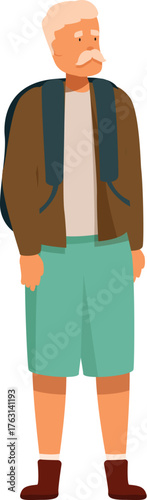 Elderly man with backpack wearing casual clothes, ready for an adventure