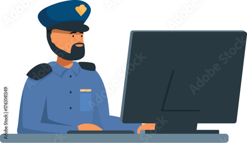 Police officer working on computer at police station