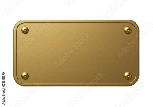 Gold metal plate isolated on transparent background, blank name tag with screws for signage and labeling
