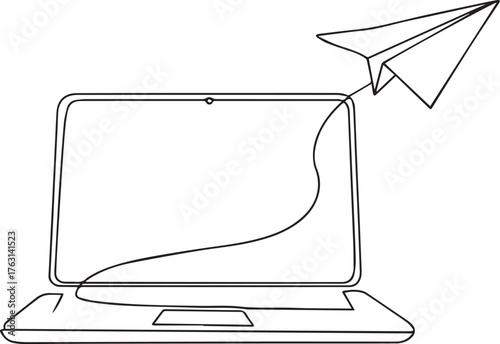 Hand drawn illustration of a laptop with a paper airplane flying out