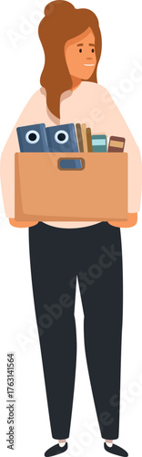 Businesswoman is being fired from her job, holding a box with office supplies