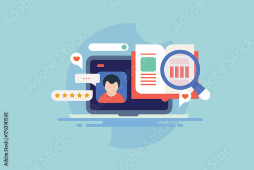 Open book and data under magnifier presents online class setup and leaning tools on digital device, modern education and webinar.