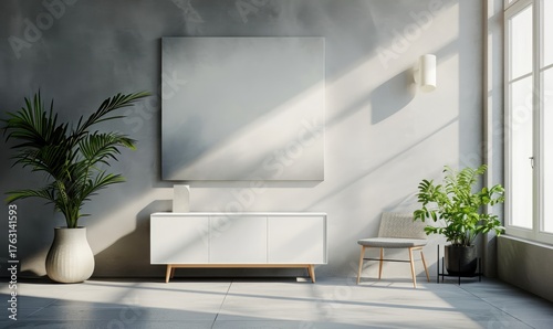 White cabinet, plants, a chair, and a large blank canvas, bathed in sunlight.