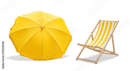 Yellow umbrella and beach chair for summer relaxation.