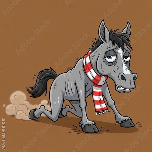 A cartoon horse wearing a scarf running in the dirt