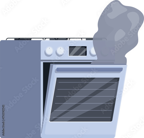 Smoke is coming out of an open oven door, depicting a kitchen hazard