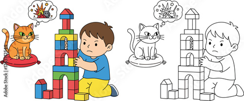 Boy Building Blocks While Cat Plots Mischief - Humorous Coloring Page