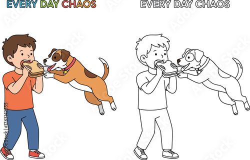 "Every Day Chaos" - Cartoon Boy and Dog Fighting Over a Sandwich - Coloring Page