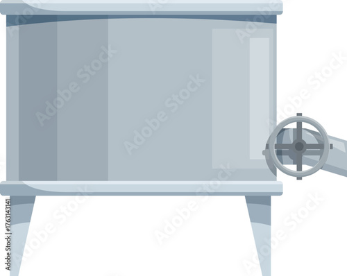 Large stainless steel tank with a valve for storing liquids, commonly used in food processing and industrial settings