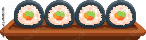 Four hosomaki sushi rolls with vegetables filling, served on a wooden tray, representing japanese cuisine