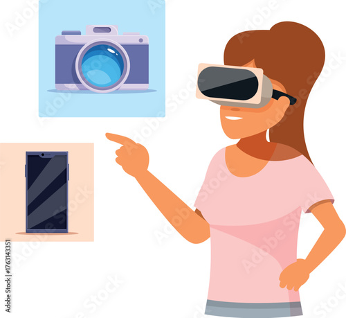 Woman wearing vr headset is pointing at camera and smartphone icons, choosing between them