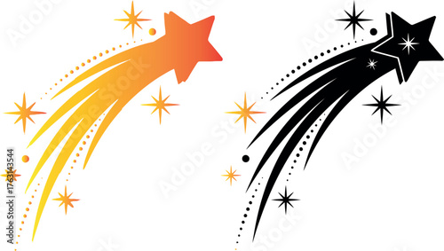  Vector art of a shooting star with a golden trail and sparkles, and a black silhouette version