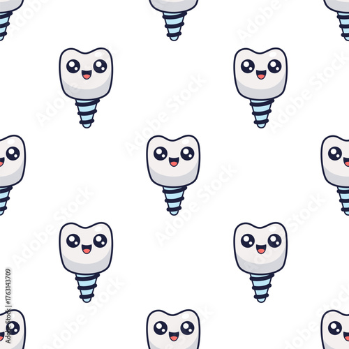 Mouth hygiene kawaii seamless pattern. Stomatology concept illustration. Oral hygiene, implantation, prosthetics textile design. Dental clinic. Vector