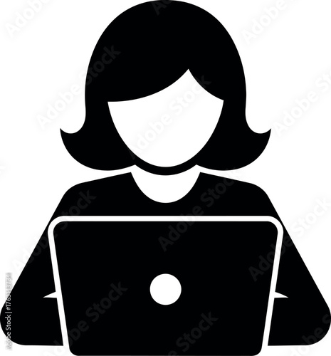  Vector art of simple black icon of a person, likely a woman, sitting and working on a laptop computer, representing remote work or online activity
