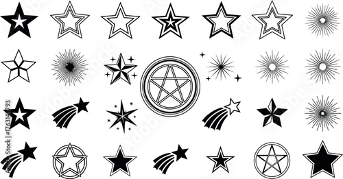  Vector art of assortment of star shapes, pentagrams, and shooting stars