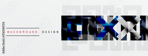 Abstract design features fragmented text, dark blues, grays, whites. Minimalist composition with layered elements, modern aesthetic.