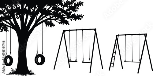 Playground silhouette illustration, tree with tire swings, swing sets design, outdoor park scene, childhood nostalgia, family recreation, fun, nature