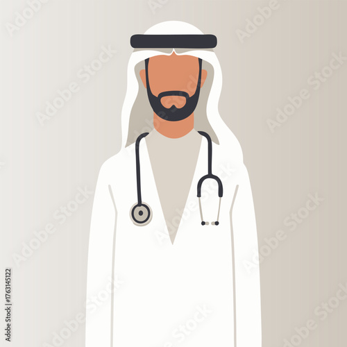 Arab male doctor wearing traditional clothing and white coat with stethoscope, minimalist flat vector illustration representing healthcare, medical professional, and hospital concept.