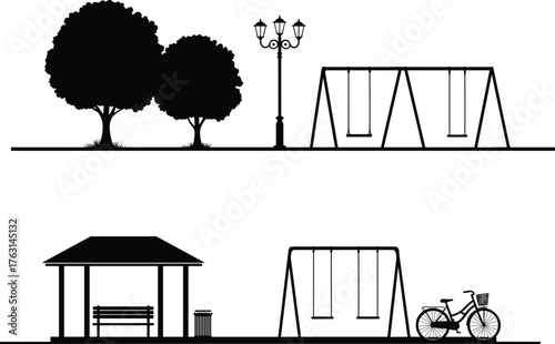 Public park silhouette illustration, swings, trees, bench, bicycle, street lamp, outdoor recreation design, black and white art, community scene