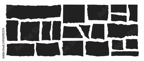 Jagged edge torn paper piece collage grunge cut out shapes vector illustration. Ripped paper abstract frame shape text box template collection.