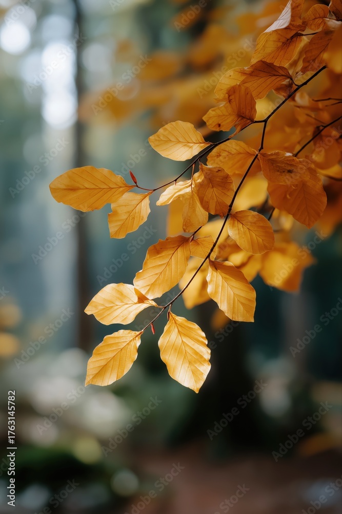 Obraz premium Golden autumn leaves in sunlit forest with soft focus background