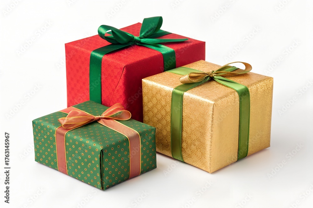 Obraz premium Christmas Gift Boxes – Red, Green and Gold Presents, Festive Wrapping, Holiday Celebration, Ribbon Decorated Packages, Seasonal Joy
