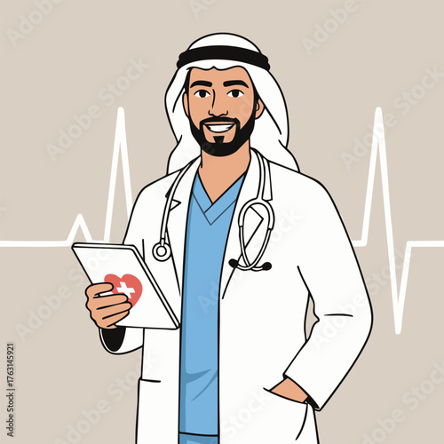Arab male doctor wearing white coat and traditional clothing with stethoscope and tablet, flat vector illustration representing healthcare, hospital, telemedicine, and medical service concept.