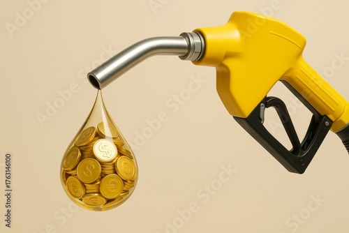 Yellow fuel nozzle dispensing drop-shaped liquid filled with gold coins, symbolizing high fuel costs and economic impact of gasoline prices. Ai generative. Ai generative