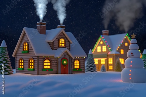 Cartoon Christmas Village – Cozy Snowy Houses, Warm Lights, Festive Night, Winter Holiday Scene, Whimsical Snowman