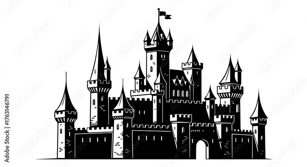 Fototapeta premium Medieval fantasy castle silhouette with tall towers and flag on Transparent background