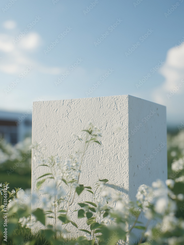 Fototapeta premium White textured cube among blooming flowers