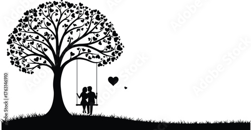 Tree with couple on swing silhouette, heart leaves design, romantic love art, black and white illustration, nature scene, affection, bond