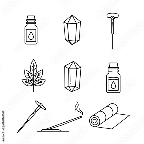 Wellness essentials collection featuring crystals, essential oil, incense, yoga mat and facial roller for a holistic, zen lifestyle, perfect for spas and wellness centers