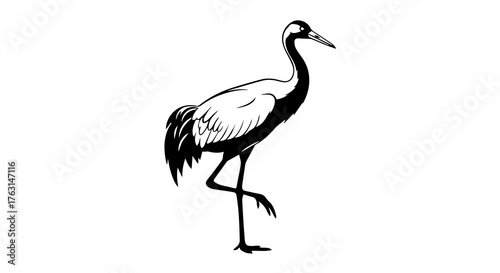 Graceful Crane Silhouette – Black-and-White Line Art of Bird in Elegant Pose