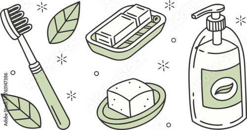 Sustainable Bathroom Essentials Vector Icons – Eco Friendly Bathroom Set with Bamboo Toothbrush, Shampoo Bar, Safety Razor, Soap Dish, Cotton Pads, and Glass Bottle