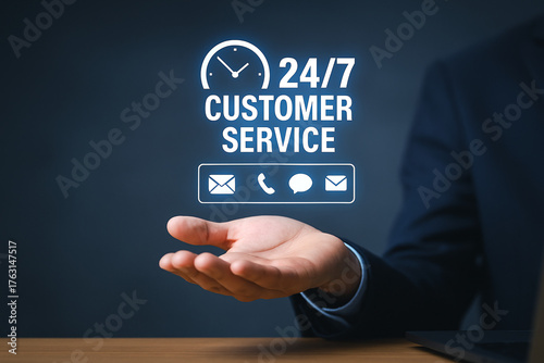 24/7 customer service icon with hand offering support and contact options