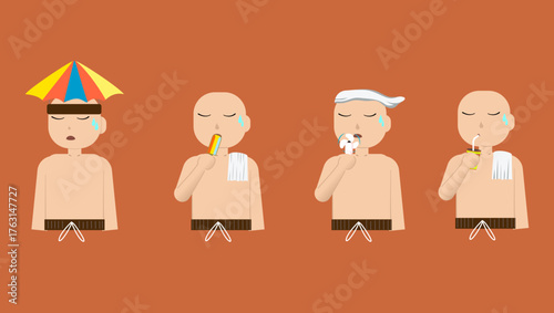A lightweight illustration showing a bald man in swim trunks at the beach, cooling off through a popsicle, a towel, and a drink. Expresses summer heat, refreshment, and simple daily routines.