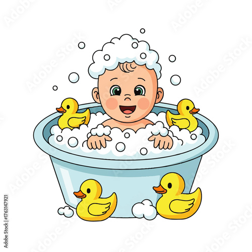 Happy cartoon baby with a big smile taking a delightful bubble bath in a light blue tub, surrounded by playful yellow rubber ducks, a charming illustration representing fun and hygiene for infants