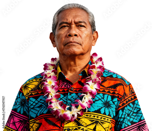 Elderly man wearing a vibrant traditional shirt and lei in a tropical setting, transparent background png