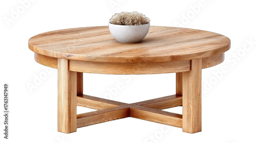 A Rustic Round Wooden Coffee Table with a Bowl of Toppings on a Transparent Background