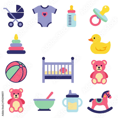 Collection of colorful baby care and playtime icons including a stroller, onesie, bottle, pacifier, ball, crib, and toys