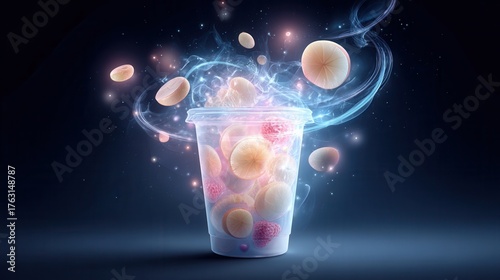 Surreal glowing yogurt cup with floating fruit slices fantasy realm digital art nighttime close-up whimsical concept
